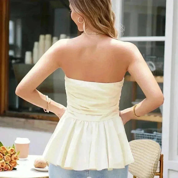 Beige Casual Womens Solid Ruched Ruffle Hem Tube Top - Picture 4 of 5